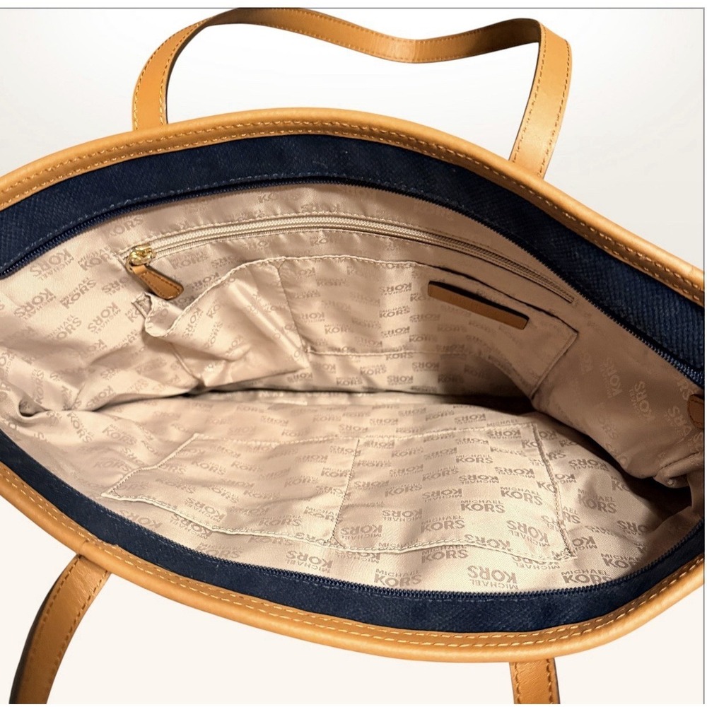 Michael Kors Kempton Lg East West Tote-Navy Blue w/Brown Leather Trim, Gold MK - Picture 6 of 14